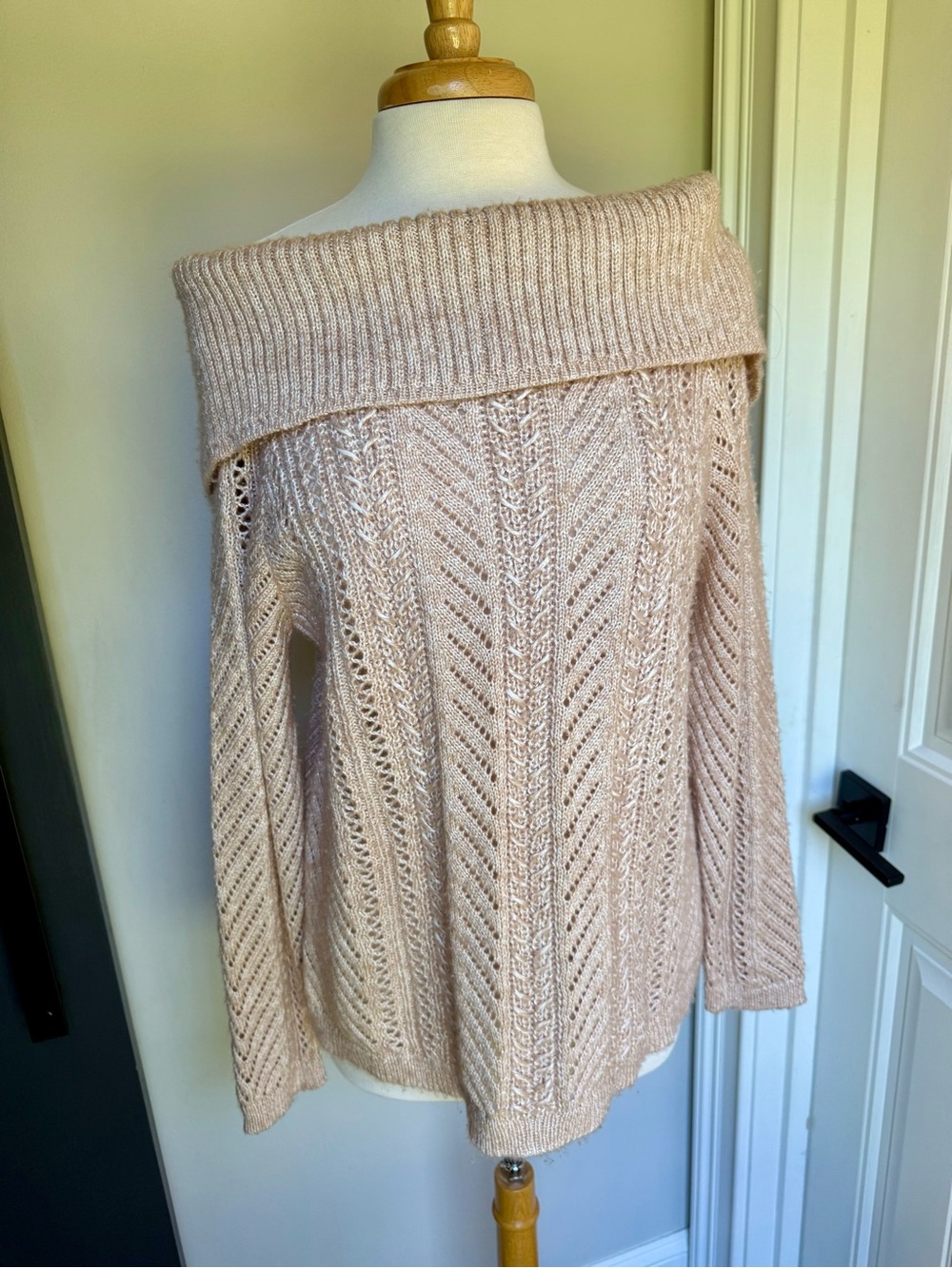 White House Black Market Blush Open-Knit Off-the-Shoulder Sweater
